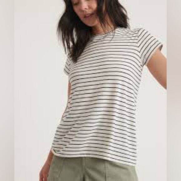 Marine Layer Swing Crew Tee Small Cream Navy Blue - Picture 1 of 5